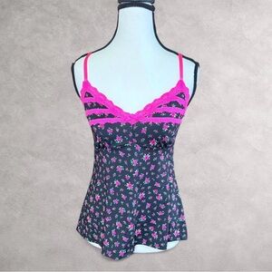 Marilyn Monroe Black Floral Cami with Hot Pink Lace Trim